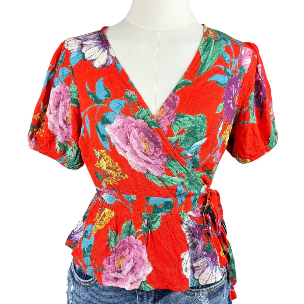 One Clothing Floral Wrap Ruffle Peplum Top Red Small Boho Festival Cottagecore